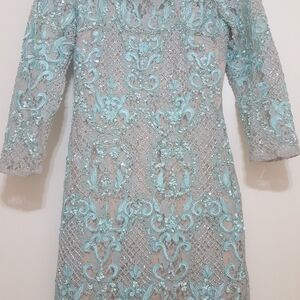 AIDAN MATTOX Stunning Aqua Embroidered Dress